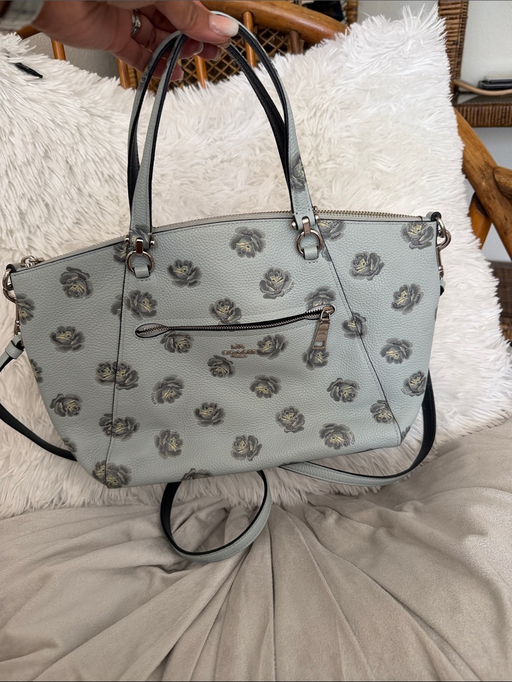 Coach Light Blue Floral Leather Tote with Silver Hardware